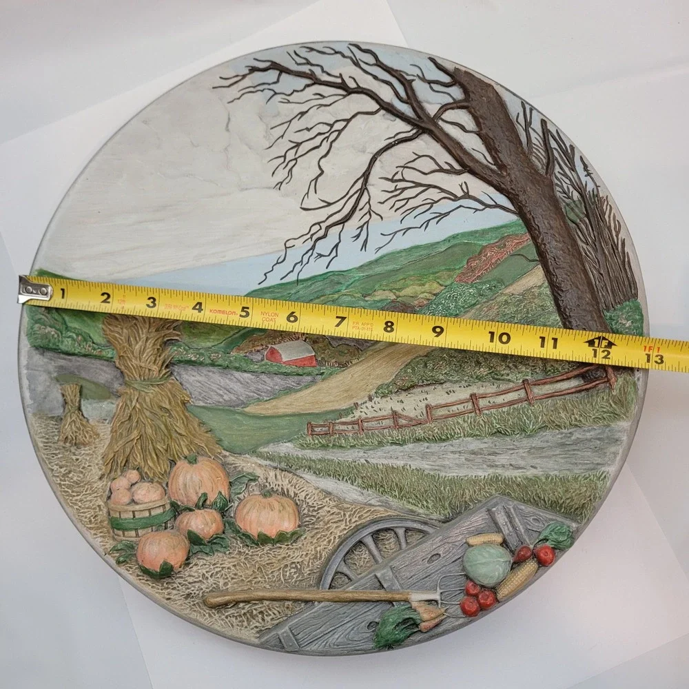 E&J Ceramic Shop Relief Plate Vintage 1977 Fall Harvest Farmhouse Decor 12.5in